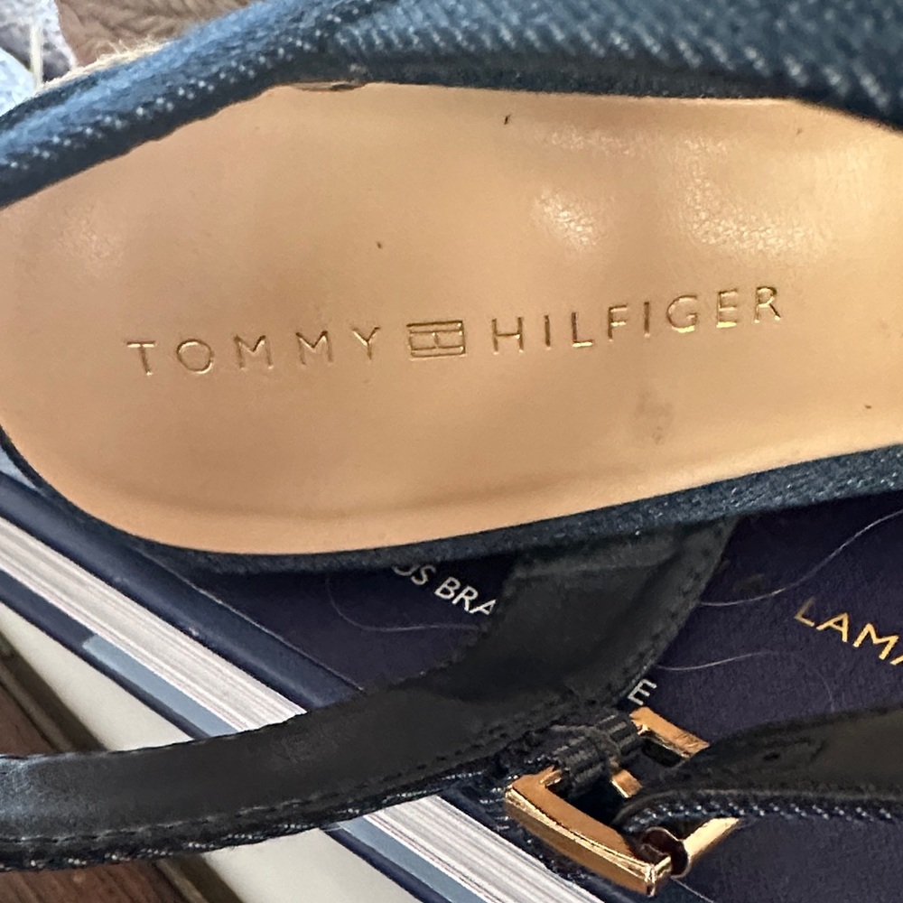 Tommy Hilfiger Denim Blue Espadrille Wedge Sandals with Brown Trim - Picture 3 of 6